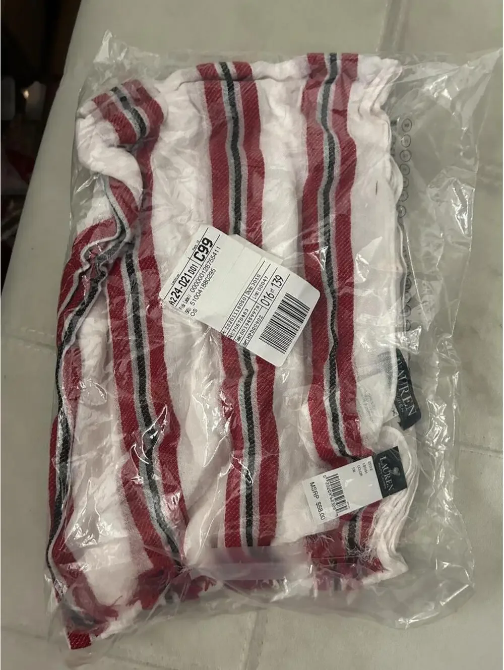 NWT Lauren Ralph Lauren red, white, and black striped fringe scarf